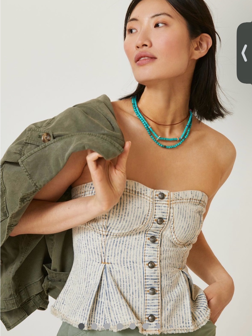 Pilcro Striped Button-Front Strapless Bustier Top in Cream & Blue, M